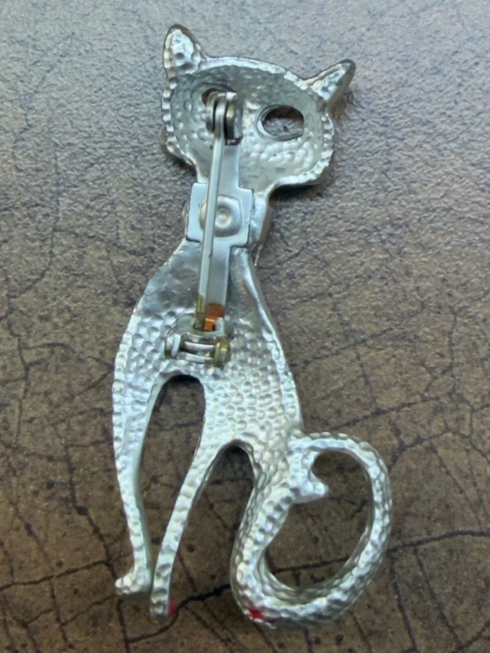 Silver Cat Brooch with Teal Gem Collar - Unbranded